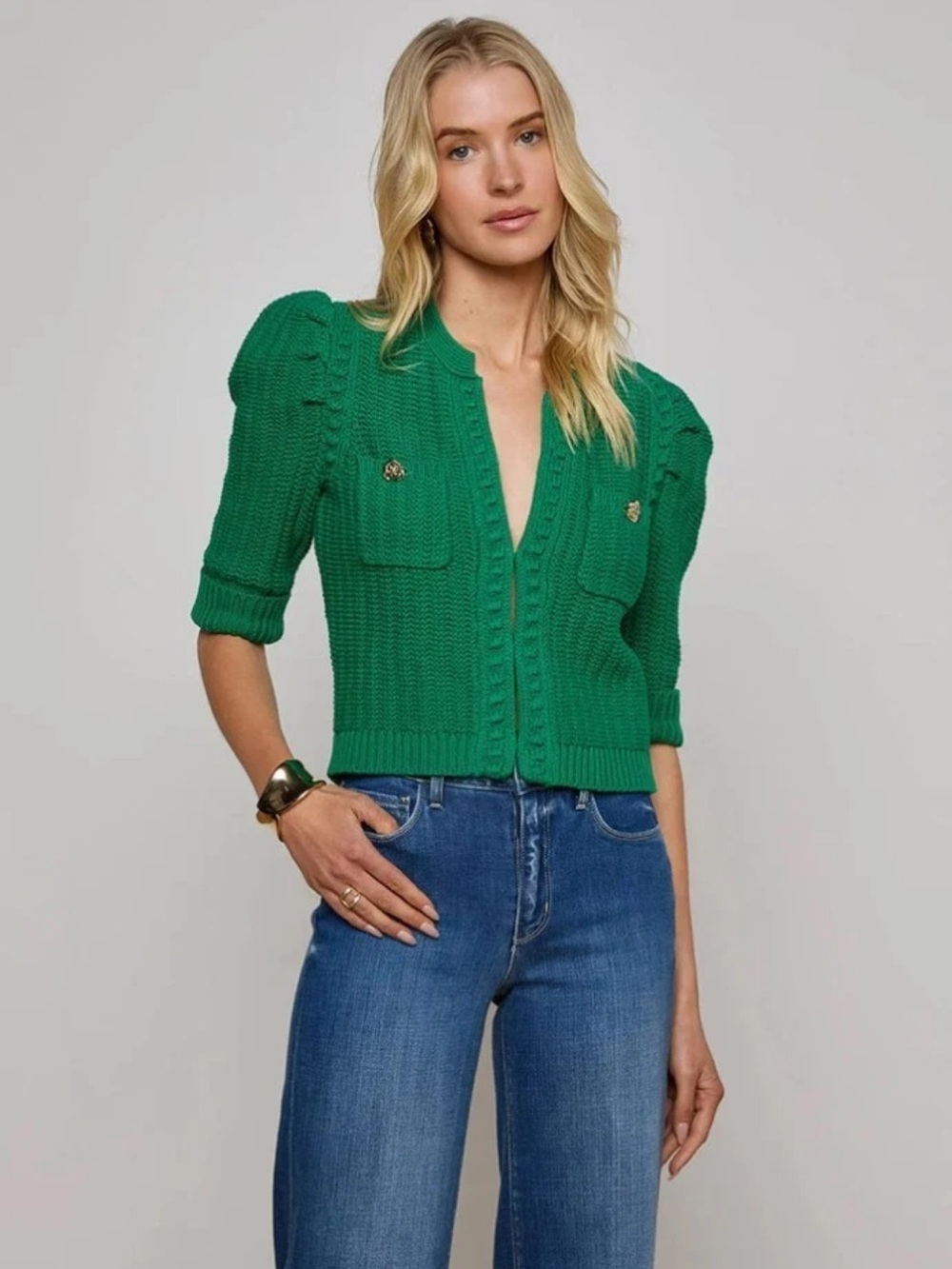 L'Agence Delilah Cropped Cardigan Sweater Kelly Green/ Gold Knot size Medium NWT